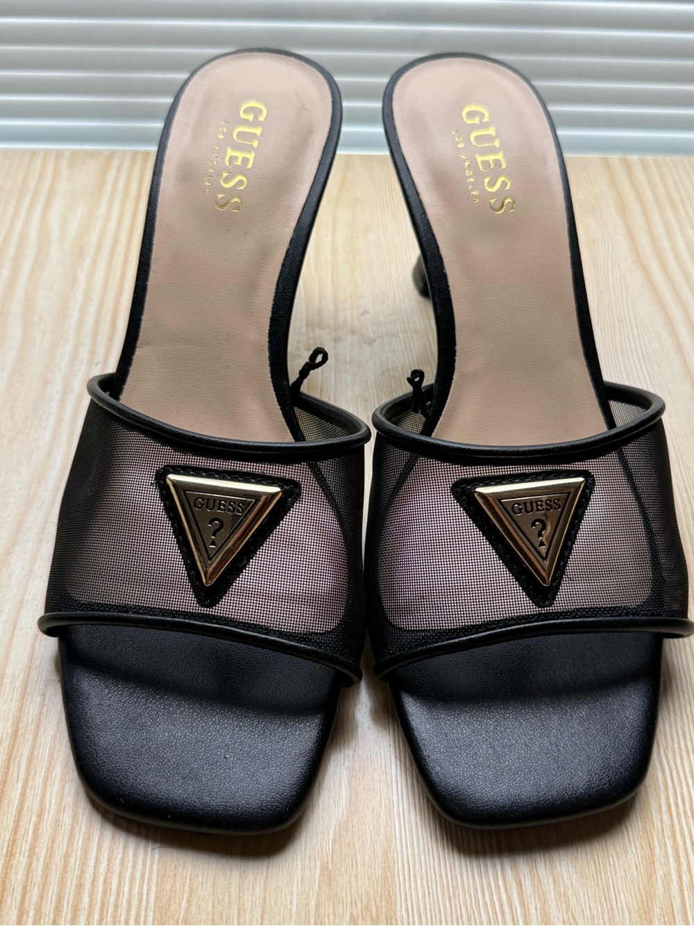 GUESS Black Mesh Slide Heels with Gold Triangle Logo